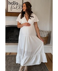 Pinkblush Maternity Ivory Deep V-Neck Flutter Sleeve Tiered Midi Dress