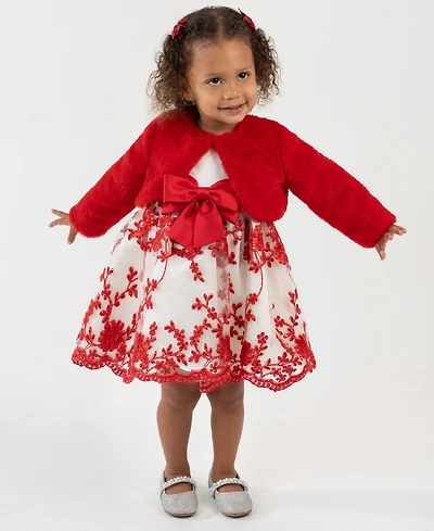 Rare Editions Baby Girls Satin Embroidered Bodice Jacket Dress