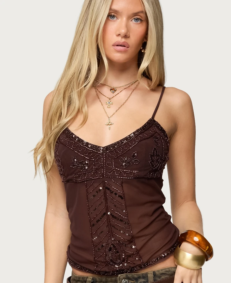 Edikted Women's Azelia Beaded Sheer Chiffon Top