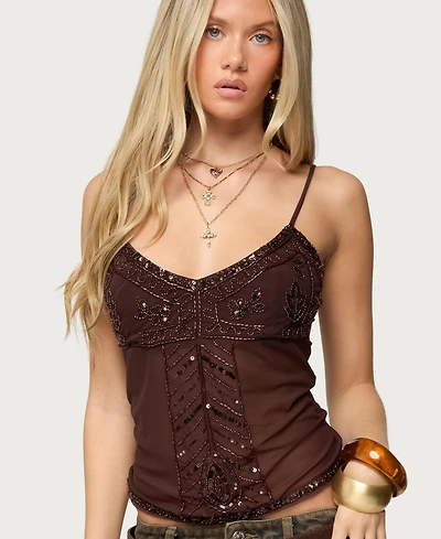 Edikted Women's Azelia Beaded Sheer Chiffon Top