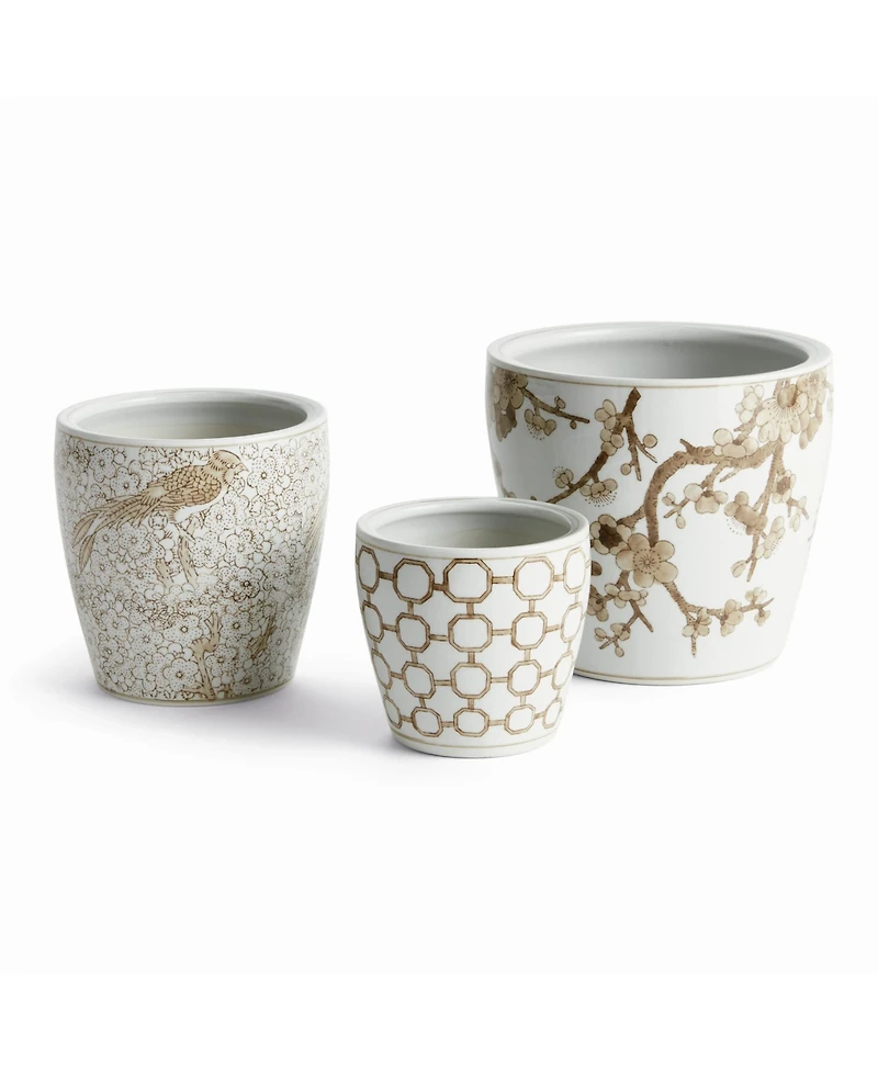 Province Flower Pots, Set of 3 - Brown & White Chinoiserie