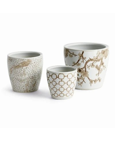 Province Flower Pots, Set of 3 - Brown & White Chinoiserie