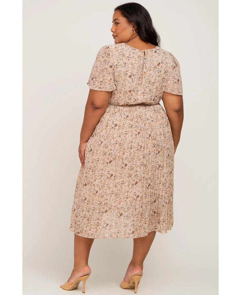 Pinkblush Plus Light Pink Floral Pleated Chiffon Midi Dress