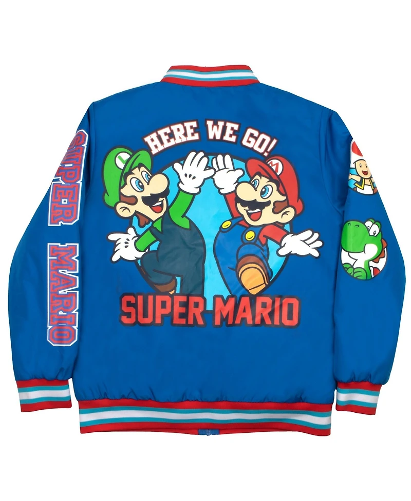 Super Mario Boys Nintendo Bros Mario & Luigi Graphic Print Zip Up Bomber Varsity Jacket - Blue 14/16