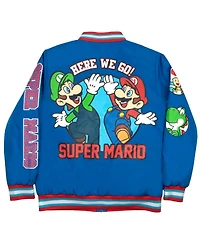 Super Mario Boys Nintendo Bros Mario & Luigi Graphic Print Zip Up Bomber Varsity Jacket - Blue 14/16
