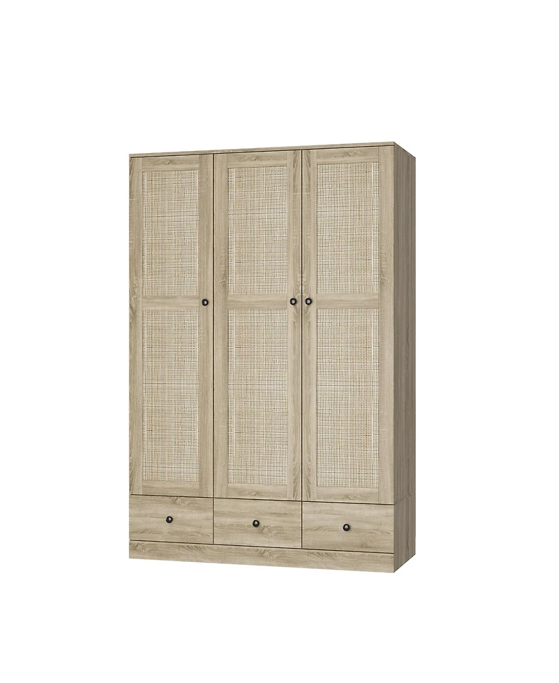 Homsee Rattan Doors Wardrobe with 3-Drawers, Hanging Rod,Bedroom Armoire,Closet