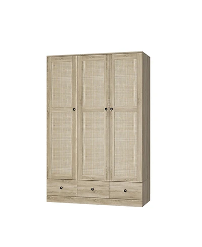 Homsee Rattan Doors Wardrobe with 3-Drawers, Hanging Rod,Bedroom Armoire,Closet