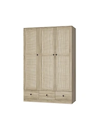 Homsee Rattan Doors Wardrobe with 3-Drawers, Hanging Rod,Bedroom Armoire,Closet