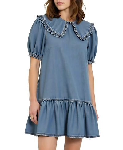 Modenaire Women's Ruffled Collar Short Dress with Puff Sleeves and Tiered Hem