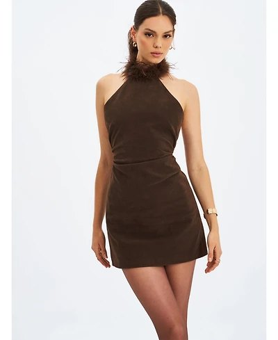 Miss Circle Women's Yael Espresso Suede Faux Fur Halter Mini Dress