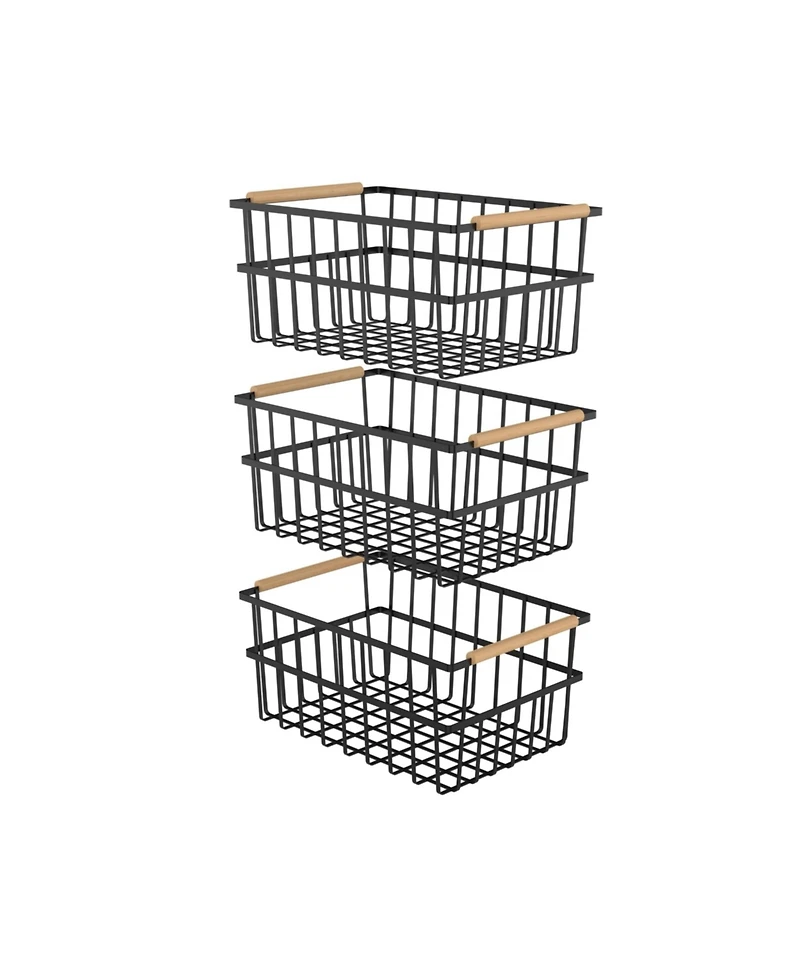 Oceanstar Metal Wire Organizer Bin Basket with Handles, Set of 3, Black