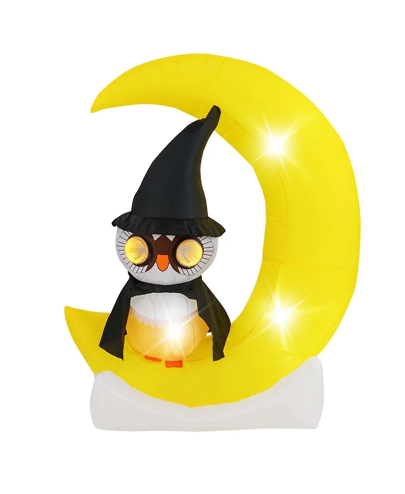 4.3 x 5.1 ft Inflatable Owl on Moon Led Lighted Halloween Decoration w/ Large Moon & Wizard Owl w/ Stakes & Sandbags