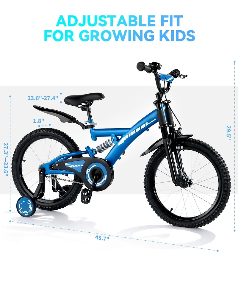 16" Kids Bike with Adjustable Seat, Dual Brakes, Suspension and Training Wheels for Ages 4–7