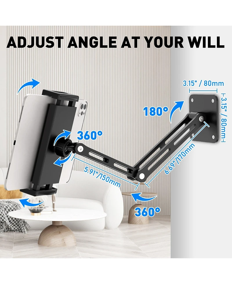 Urmust Tablet Wall Mount Holder for iPad, 360°Rotation Adjustable Tablet Stand Holder with Aluminum Extendable Arm, for All 4.7-13" Phones &