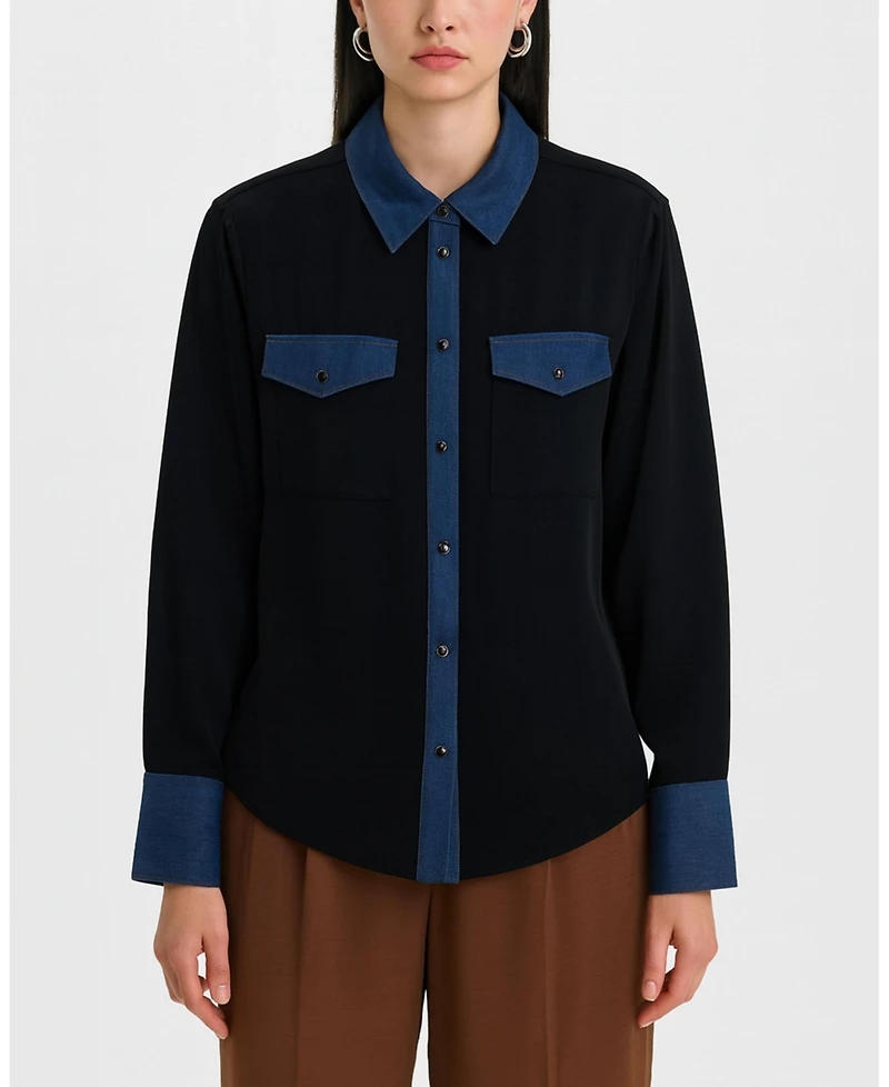Ellen Tracy Women's Button-Up Shirt with Denim Trim