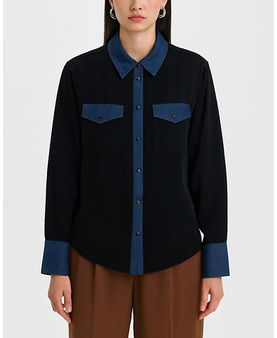 Ellen Tracy Women's Button-Up Shirt with Denim Trim