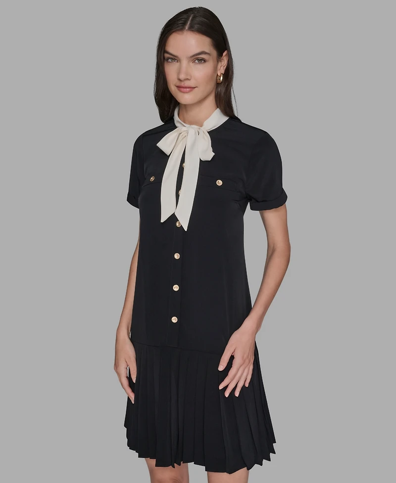 Karl Lagerfeld Paris Women's Bow Tie Neck A-Line Dress