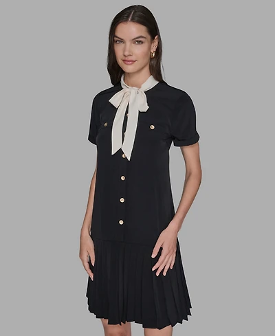 Karl Lagerfeld Paris Women's Bow Tie Neck A-Line Dress