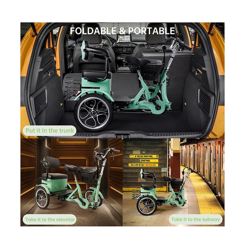 Artudatech 400W 48V 12A Elder Electric folding trike 3 wheel e-bike with Rear Seat