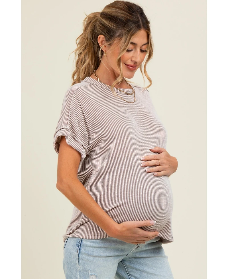 Pinkblush Maternity Taupe Ribbed Exposed Seam Short Sleeve Top