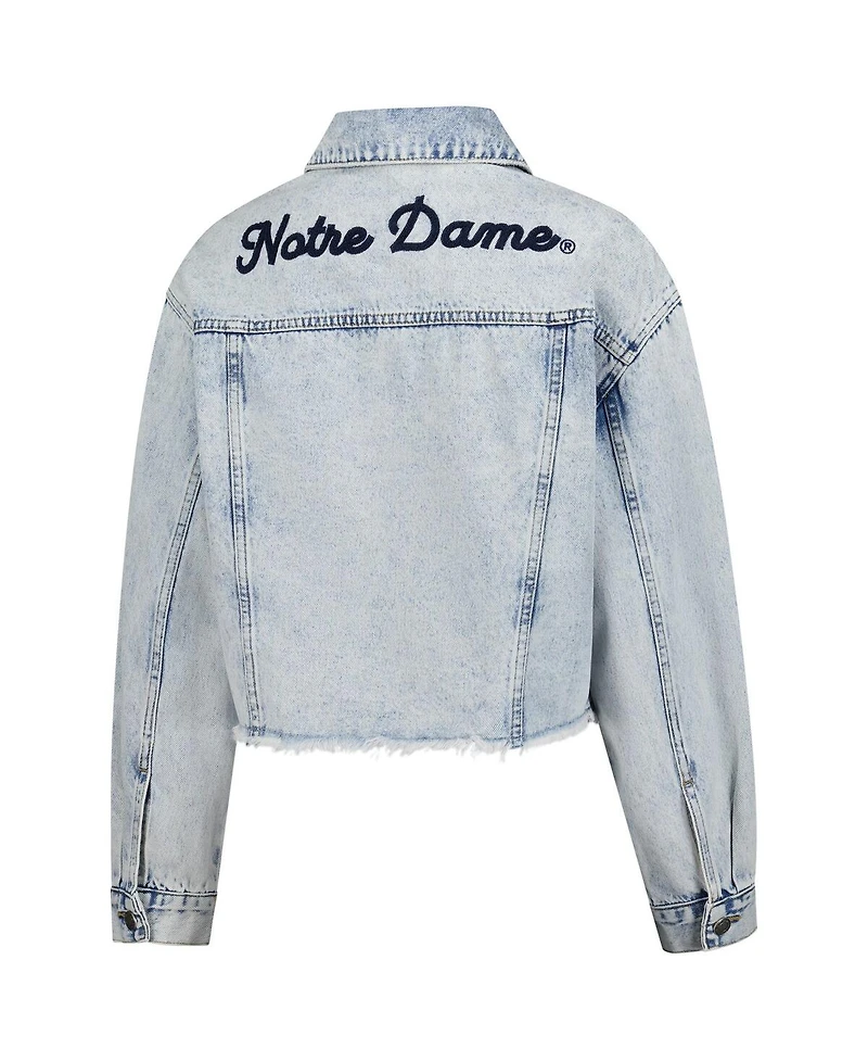 Hype and Vice Women's Denim Notre Dame Fighting Irish Light wash Cropped Button-Up Jean Jacket