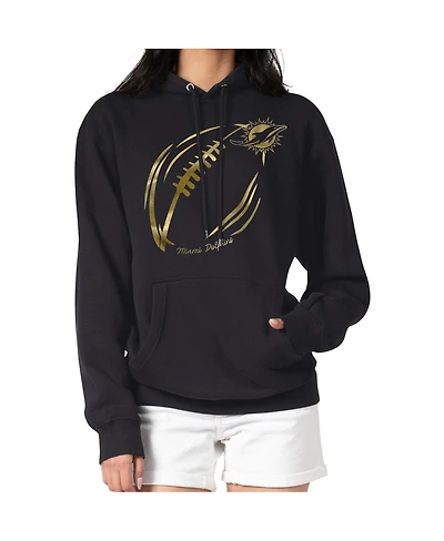 G-iii 4Her by Carl Banks Women's Black/Gold Miami Dolphins Metallic Print Football Sketch Fleece Pullover Hoodie