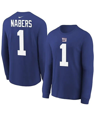 Nike Big Boys and Girls Malik Nabers Royal New York Giants Player Name Number Long Sleeve T-Shirt