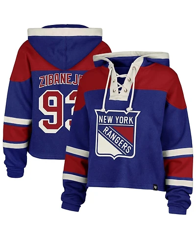 '47 Brand Women's Mika Zibanejad Blue New York Rangers Superior Lacer Cropped Pullover Hoodie