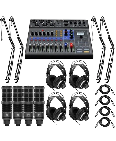 Zoom Zoom LiveTrak L-8 Portable 8-Channel Digital Mixer and Multitrack Recorder Bundle with 4x TAP300 Cardioid Dynamic Microphone, 4x Semi-Open Back