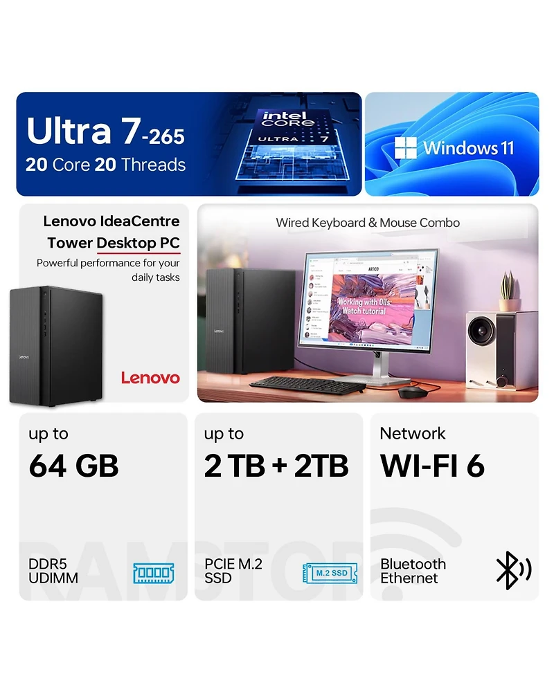 Lenovo IdeaCentre Business Tower Desktop Intel Core Ultra 7 265 16GB Ram Intel Graphics 1TB Ssd Storage Windows 11 Home - Grey