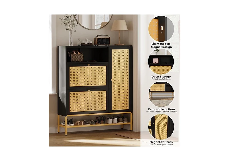 Aecojoy Shoe Storage Cabinet with 2 Flip Drawers - Hidden Organizer for Entryway, Metal Rack Door & Open