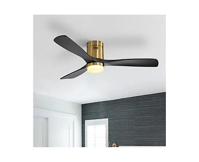 Sofucor 52-inch Modern Golden 3 Solid Wood Blades Flush Mount Tri color Adjustable Ceiling Fan Light with Remote Control