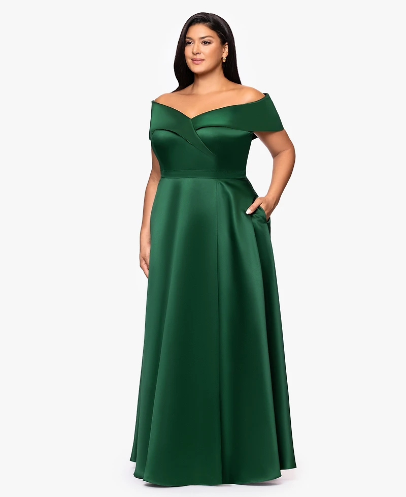 Xscape Plus Satin Off-The-Shoulder Gown