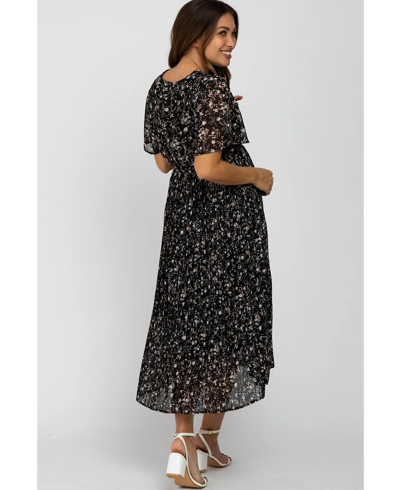 Pinkblush Maternity Teal Floral Pleated Chiffon Midi Dress