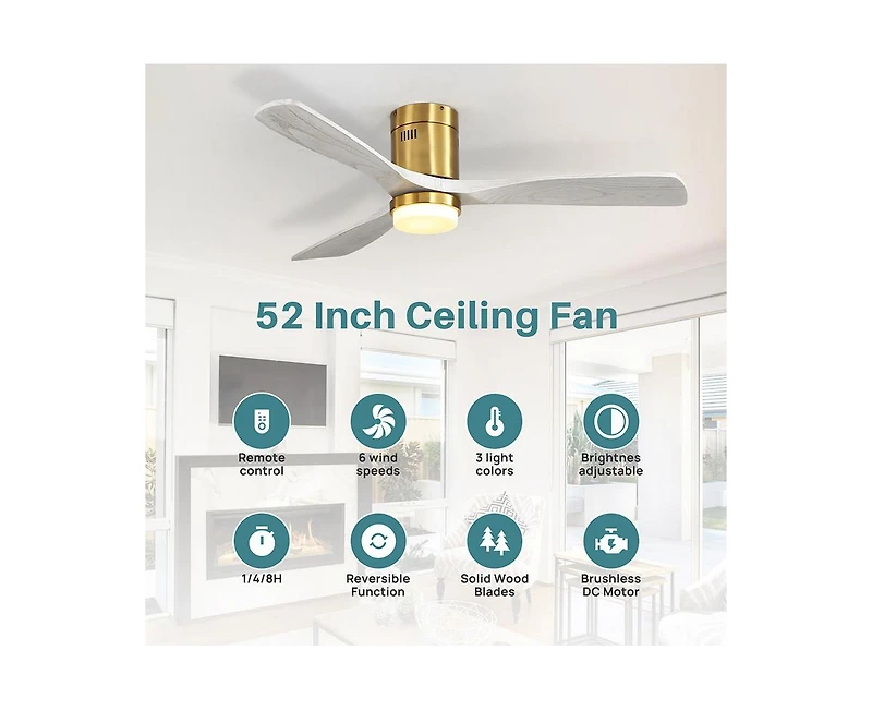 52-inch Modern Golden 3 Solid Wood Blades Flush Mount Tri color Adjustable Ceiling Fan Light with Remote Control