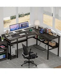Aheaplus 47.2'' Mdf, Metal L-Shaped Desk with Power Outlet and Shelf, Reversible