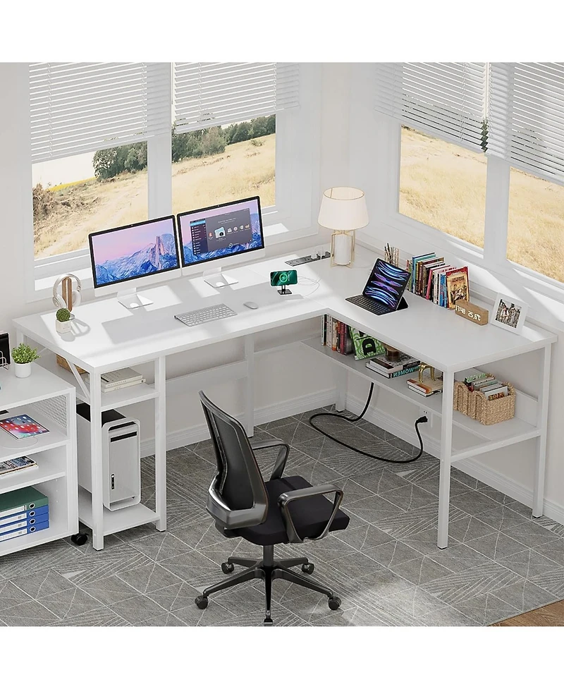 47.2'' L-Shaped Desk with Power Outlet and Shelf, Reversible