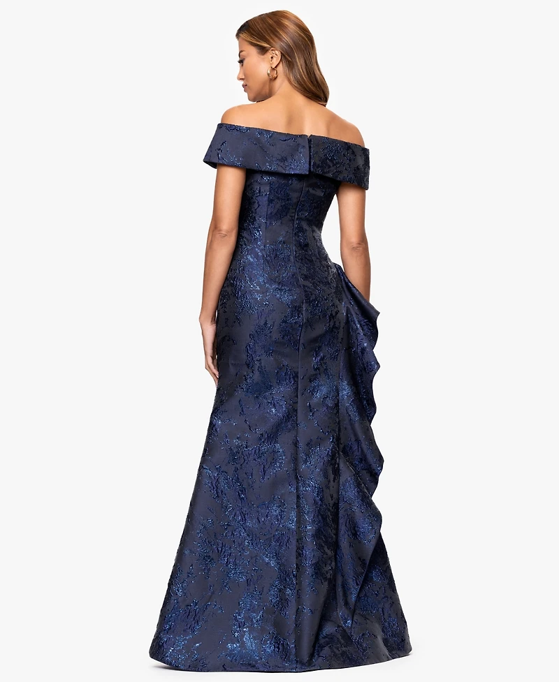 Xscape Petite Long Off-The-Shoulder Brocade Side Ruffle Gown