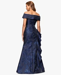 Xscape Petite Long Off-The-Shoulder Brocade Side Ruffle Gown