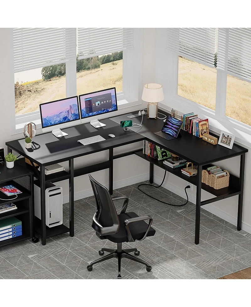 47.2'' L-Shaped Desk with Power Outlet and Shelf, Reversible