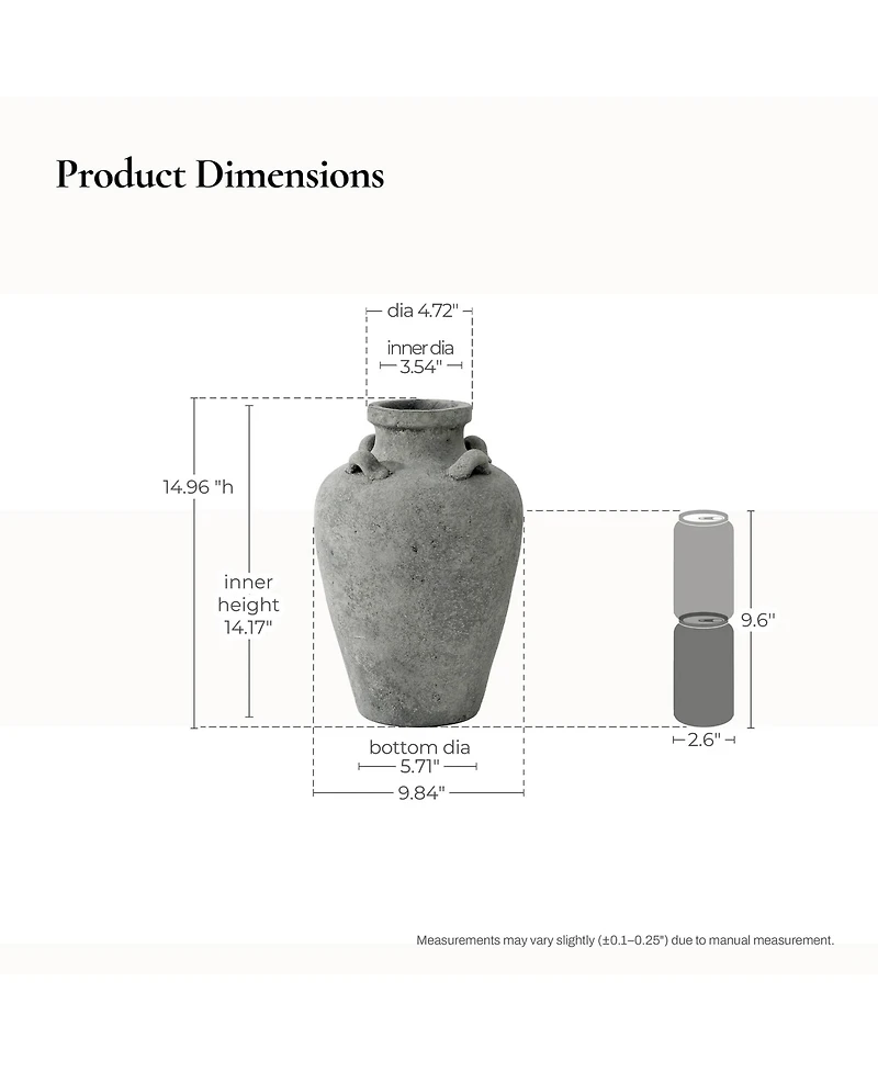 LuxenHome Rustic Antiqued Gray 15-Inch Tall Round Terracotta Urn Vase
