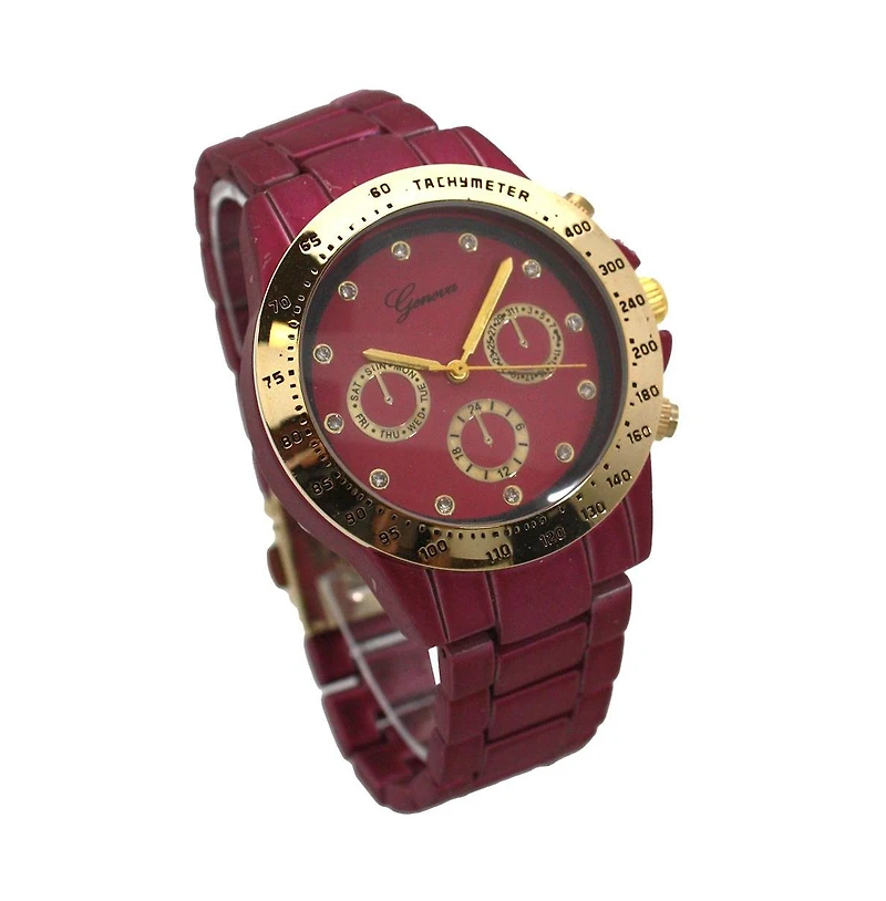 Fuchsia Solid Color Metal Three Dial Women Watch