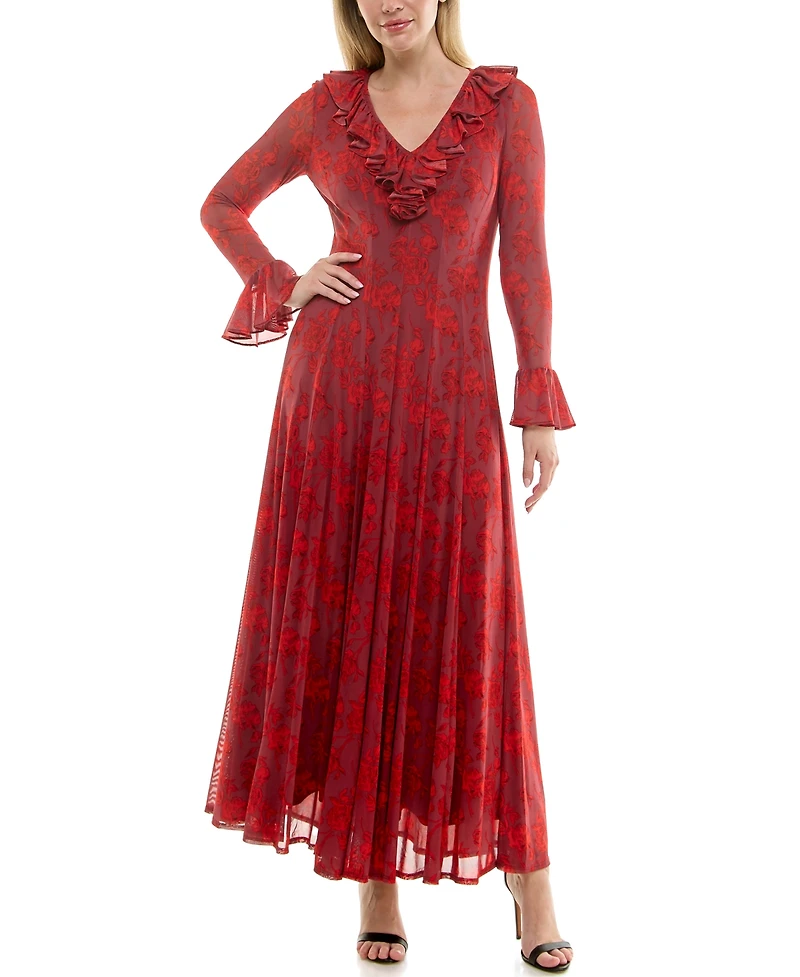 Taylor Women's Ruffle V-Neck Fit and Flare Mesh Dress