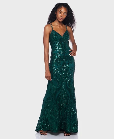 B Darlin Juniors' Sequin-Pattern Lace-Up V-Neck Gown, Created for Macy's