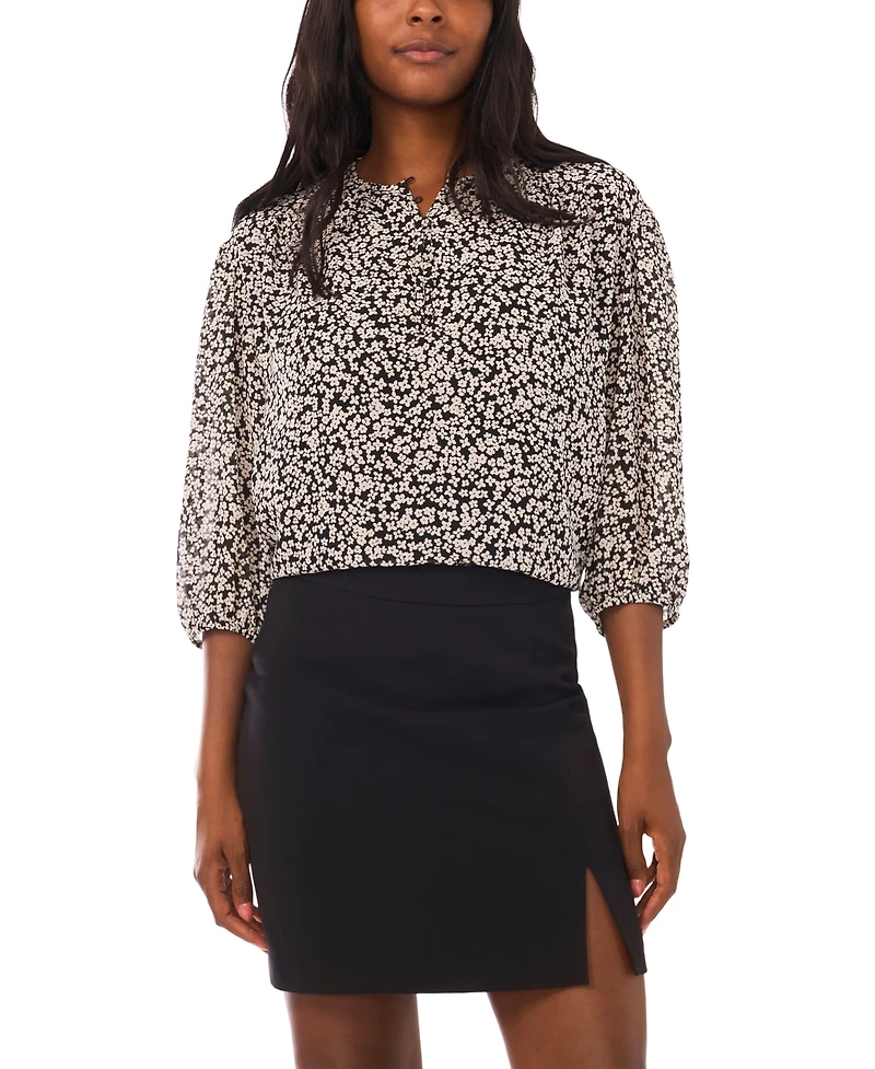 1.state Women's Printed 3/4-Sleeve Crewneck Flowy Blouse