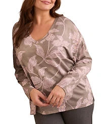 Tribal Plus Fuzzy Soft V-Neck Combo Print Knit Top