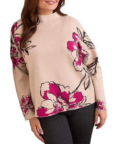 Tribal Plus Knit Jacquard Funnel Neck Sweater