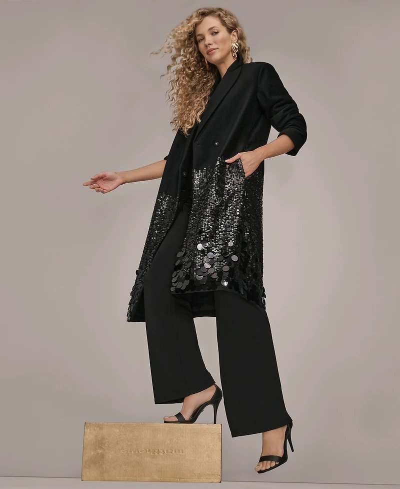 Donna Karan New York Women's Notched Collar Foil-At-Bottom Long Coat