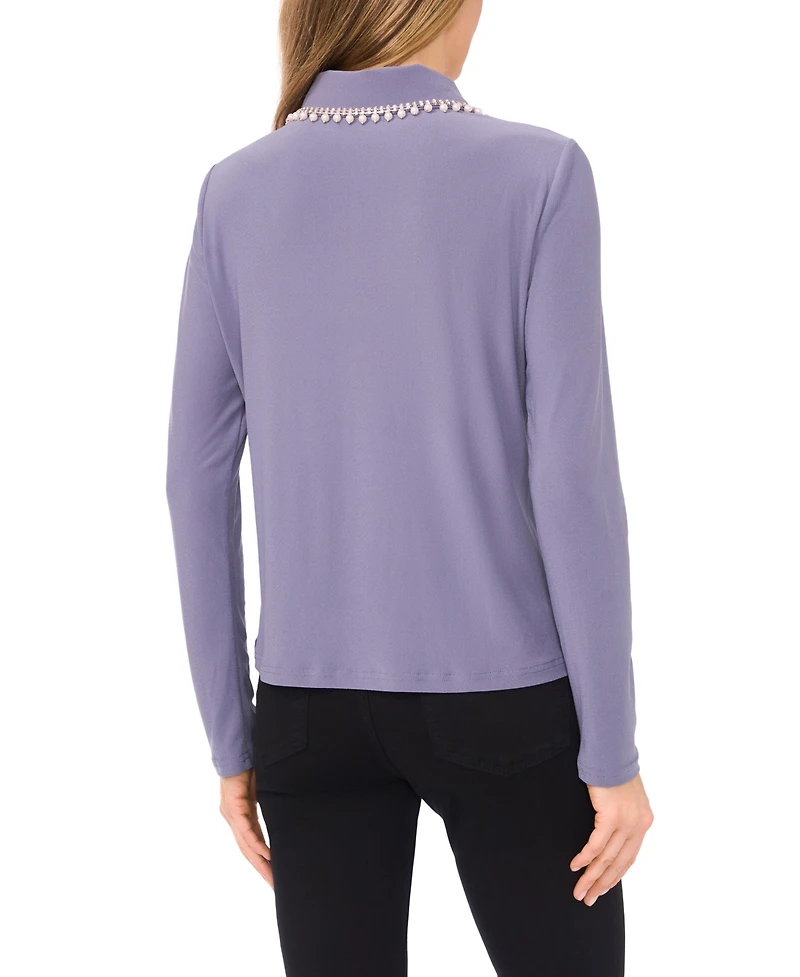 CeCe Women's Rhinestone Embellished Long Sleeve Collared Top