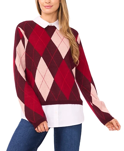 CeCe Women's Argyle Collared Long Sleeve Twofer Sweater